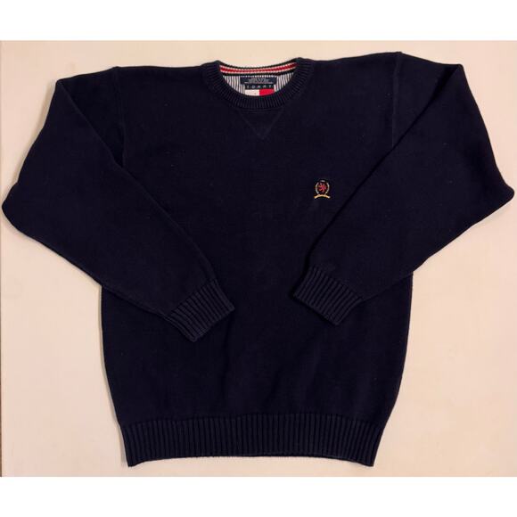 Vtg Tommy Hilfiger Navy Crewneck Pullover Sweater Embroidered Sz L - Picture 1 of 4